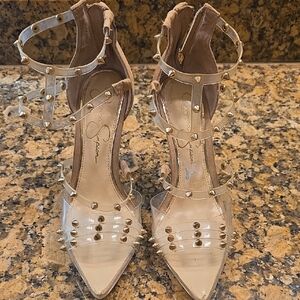 Jessica Simpson Transparent Heels with Gold Accents